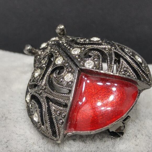 1928 Company Lady Bug Brooch, Red Enamel, Clear Rhinestones, Gunmetal Gray Pin - Picture 6 of 10